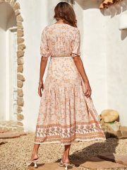 OMONSIM Wholesale Summer Loose Tied Belt Printed Short Sleeve Bohemian Maxi Women Dress