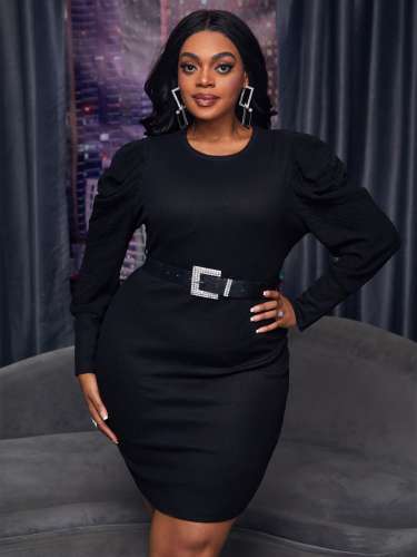 OMONSIM Wholesale Plus Size Black Tight Leather Belt Dress For Women