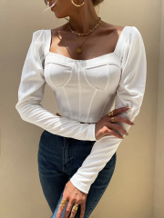 OMONSIM Wholesale White Black Women Work Shirts Square Neck Long Sleeve Tube Top Elegant Fashion Autumn Clothing Tops