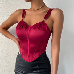 OMONSIM Wholesale Red Women Sexy Camisole Satin Sleeveless Backless Slim Fit Tank Top Summer Asymmertic Hem Crop Top