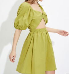 OMONSIM Wholesale Green Square Neck Dress Women Show White Waist Hollow Out Design Puff Sleeve Skirt