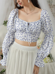 OMONSIM Wholesale Floral Shirts Square Neck Tie Puff Sleeves Design Sensation Niche Shirts Women's Summer Short Navel Long Sleeve Tops