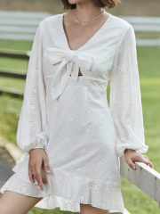OMONSIM Wholesale new white temperament slim and sweet puff sleeve dress bow hollow design irregular skirt women