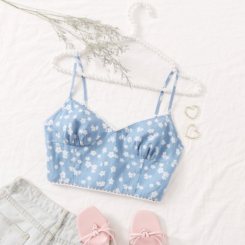 OMONSIM Wholesale Women Blue Crop Tank Top Sexy Ditsy Floral Print Camis Crop Top Fashion Backless Sleeveless Slim Tops Summer Camisole