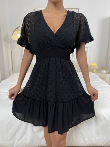 OMONSIM Wholesale Women Black Deep V-neck Short Dress Tie Backless Shirred Waist Flounce Sleeve Ruffle Hem Lace Dress