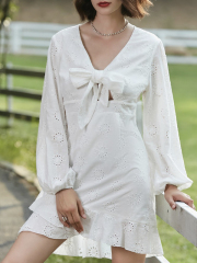 OMONSIM Wholesale new white temperament slim and sweet puff sleeve dress bow hollow design irregular skirt women