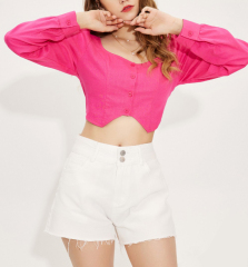 OMONSIM Wholesale Early Autumn New Style Pink Square Neck Shirt High Quality Irregular Hem Short Slim Top