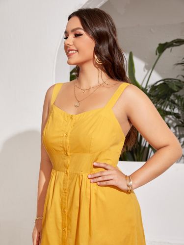 OMONSIM Wholesale Plus Size Yellow Casual Loose Sling Front Row Button Dress