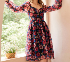 OMONSIM Wholesale Spring New Retro Square Collar Floral Dress
