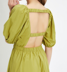 OMONSIM Wholesale Green Square Neck Dress Women Show White Waist Hollow Out Design Puff Sleeve Skirt