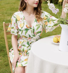 OMONSIM Wholesale Early Autumn New Fashion Versatile Flower Print V-neck Waist-strap Ruffle Short Dress Women