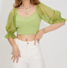 OMONSIM Wholesale Summer New Style Women's Collar Short Navel Show Thin Shirt Puff Sleeve Top