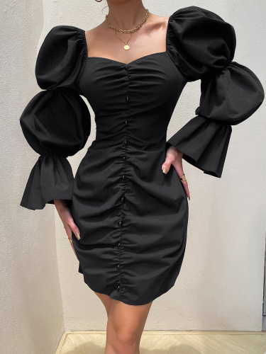 OMONSIM Wholesale Slim Sexy Blue Lantern Long Sleeve Women Party Formal Dress