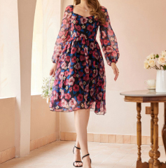 OMONSIM Wholesale Spring New Retro Square Collar Floral Dress