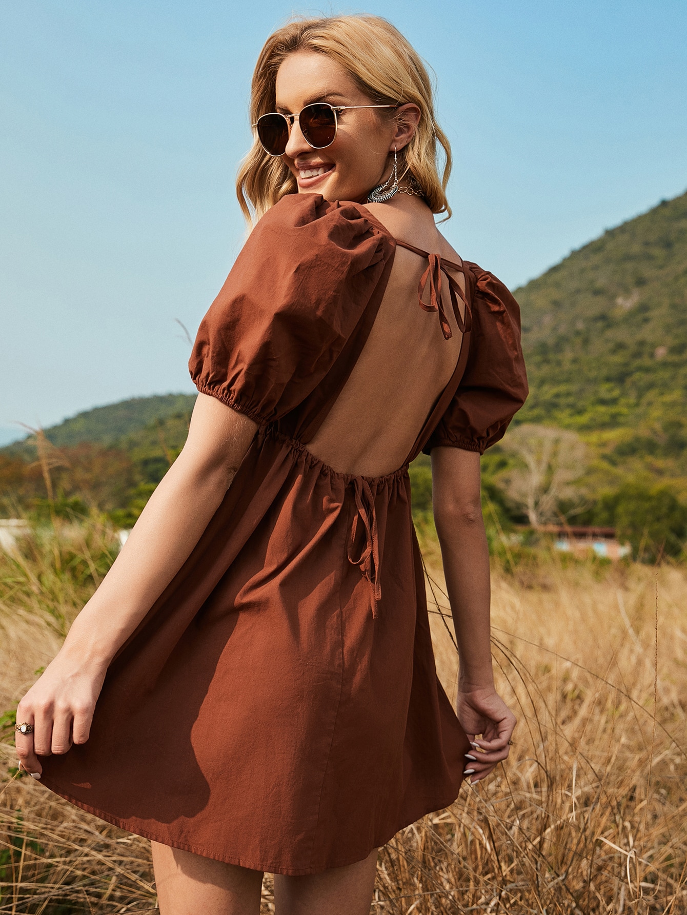 sachin and babi light blue dress OMONSIM Wholesale Summer New Casual Pleated Square Neck Backless Short  Sleeve Dresses,DRESSES