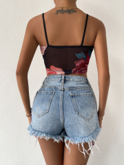 OMONSIM Wholesale Fashion Womens Sleeveless Backless Tops Floral Print Contrast Binding Mesh Cami Crop Top