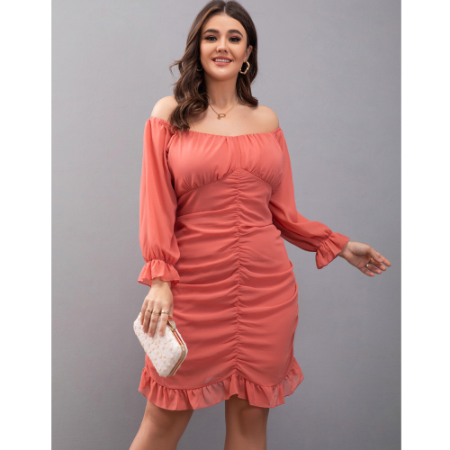 OMONSIM Wholesale Plus Size Ruffle Edge Pink Tube Elegant Dress For Women