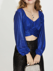 OMONSIM Wholesale Autumn Shirt Women V-neck Long Sleeve Short Slim Fit Cropped Top Women