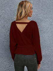 OMONSIM Wholesale Fashion Deep V-Neck Women Sweaters Ruffle Hem Long Sleeve Pullover Shirts Top Casual Loose Winter Lady Clothing