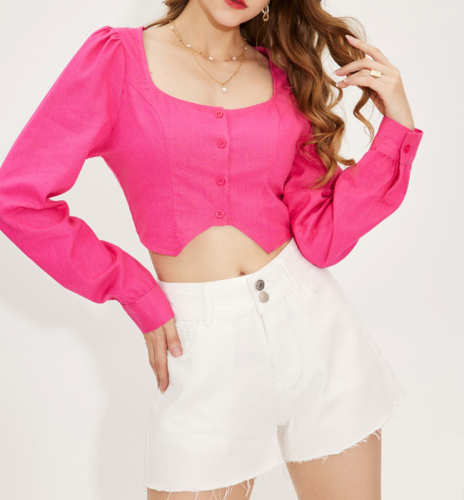 OMONSIM Wholesale Early Autumn New Style Pink Square Neck Shirt High Quality Irregular Hem Short Slim Top