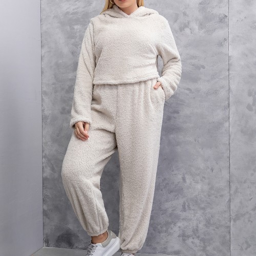 OMONSIN Wholesale White Plus Size 2-Piece Pants Sets Sporty Warm in Winter Hooded Flannel Top & Pants