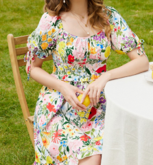 OMONSIM Wholesale Summer Floral New Puff Sleeve Dress Design Small Waist Square Neck Skirt Women
