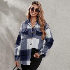 OMONSIM Wholesale Women Blouses Plaid Flap Pocket Drop Shoulder Blouse Long Sleeve Casual Shirts Button Shirts Top