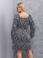 OMONSIM Wholesale Fashion Plus Size Womens Dress Square Neck Zebra Stripes Long Sleeve Loose Oversize Dress