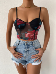 OMONSIM Wholesale Fashion Womens Sleeveless Backless Tops Floral Print Contrast Binding Mesh Cami Crop Top