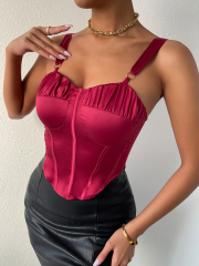 OMONSIM Wholesale Red Women Sexy Camisole Satin Sleeveless Backless Slim Fit Tank Top Summer Asymmertic Hem Crop Top