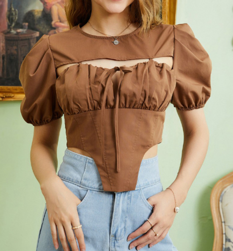 OMONSIM Wholesale Retro Summer New Puff Sleeve Solid Color Pleated Tie Irregular Short Sleeve Shirt