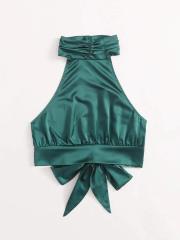 OMONSIM Wholesale Women Sexy Camis Tank Top Halter Satin Lace Up Sleeveless Party Camisole
