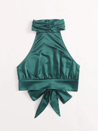 OMONSIM Wholesale Women Sexy Camis Tank Top Halter Satin Lace Up Sleeveless Party Camisole