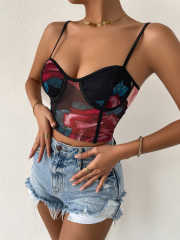 OMONSIM Wholesale Fashion Womens Sleeveless Backless Tops Floral Print Contrast Binding Mesh Cami Crop Top