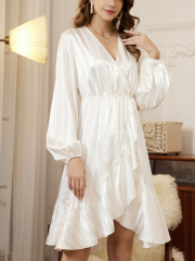 OMONSIM Wholesale Elegant White Striped Long Sleeve Ruffle Dress Fashion Hight Waist Casual Dress