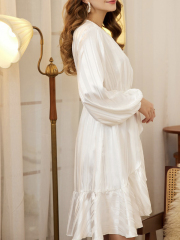 OMONSIM Wholesale Elegant White Striped Long Sleeve Ruffle Dress Fashion Hight Waist Casual Dress