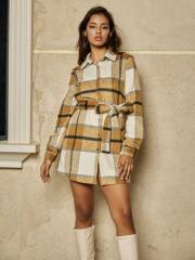OMONSIM Wholesale Autumn Long Sleeve Checkered Shirt Dress With Belt Skirt Women