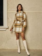 OMONSIM Wholesale Autumn Long Sleeve Checkered Shirt Dress With Belt Skirt Women