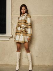 OMONSIM Wholesale Autumn Long Sleeve Checkered Shirt Dress With Belt Skirt Women