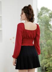 OMONSIM Wholesale Early Autumn Square Collar Backless Top Temperament Puff Sleeve High Waist Short Top Women
