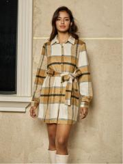 OMONSIM Wholesale Autumn Long Sleeve Checkered Shirt Dress With Belt Skirt Women