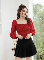 OMONSIM Wholesale Early Autumn Square Collar Backless Top Temperament Puff Sleeve High Waist Short Top Women