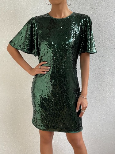 OMONSIM Wholesale Summer Round-Neck Short Sleeve Super Shinny Sequins Party Dress
