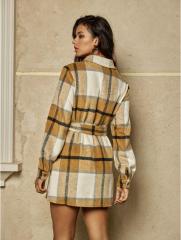 OMONSIM Wholesale Autumn Long Sleeve Checkered Shirt Dress With Belt Skirt Women
