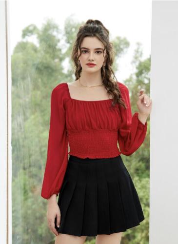 OMONSIM Wholesale Early Autumn Square Collar Backless Top Temperament Puff Sleeve High Waist Short Top Women