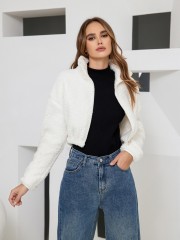 OMONSIM Wholesale White Fluffy Stand Collar Casual Streatwear Short Overcoat Women