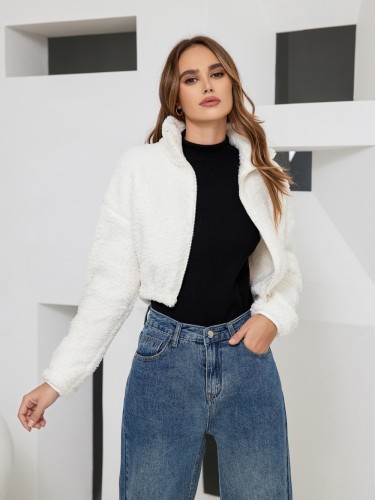 OMONSIM Wholesale White Fluffy Stand Collar Casual Streatwear Short Overcoat Women