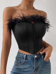 OMONSIM Wholesale Sexy Feather Tube Tops Off Shoulder Asymmetric Hem Tank Top For Women
