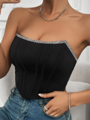 OMONSIM Wholesale Sexy Tube Tops off Shoulder Bow Tank Top With Diamond Asymmtric Hem For Women
