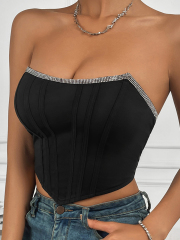 OMONSIM Wholesale Sexy Tube Tops off Shoulder Bow Tank Top With Diamond Asymmtric Hem For Women